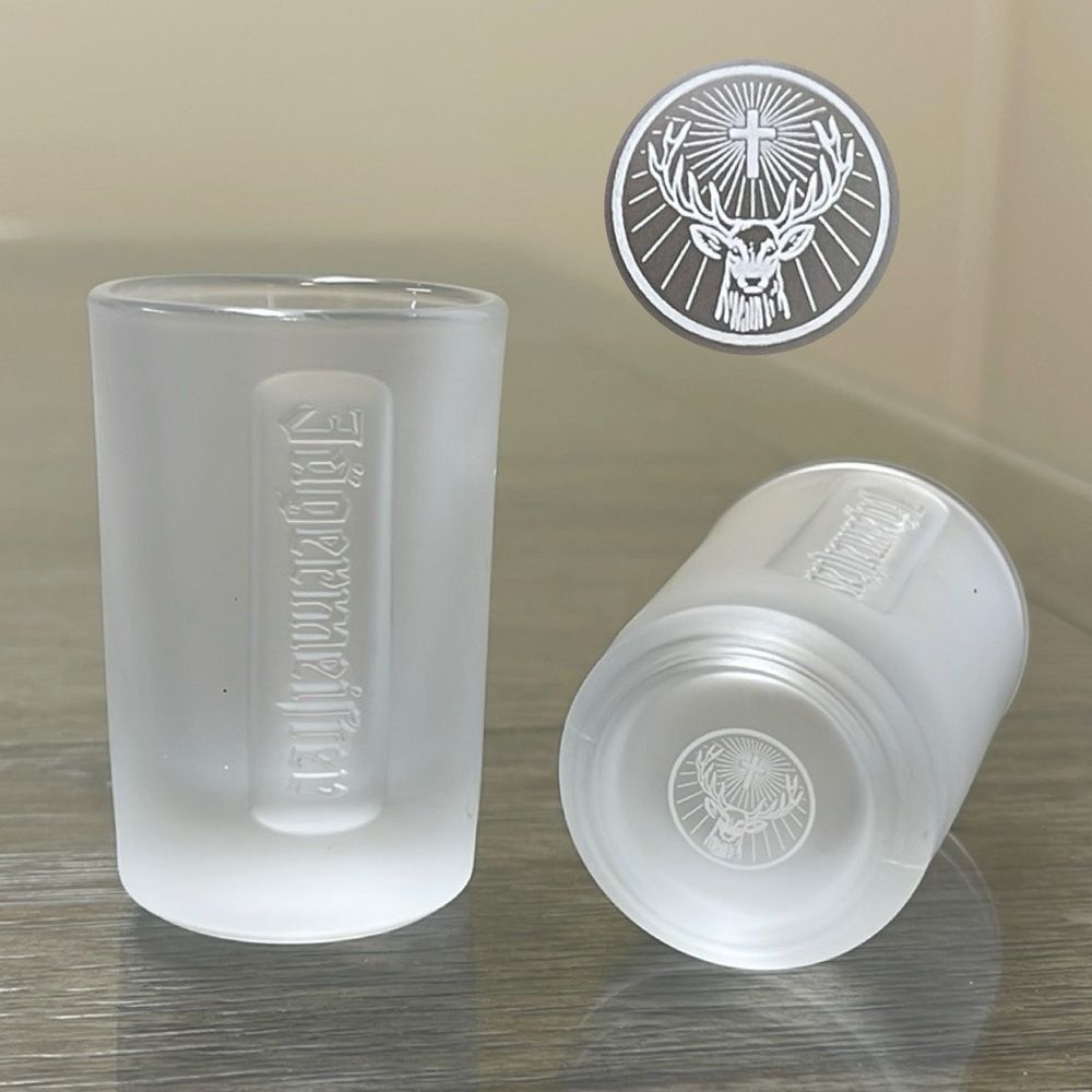 Pair of Embossed Jagermeister Frosted Glass 1 fl. oz Shot Glasses Barware Bar